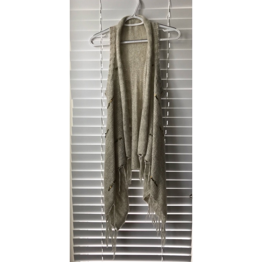 Open Front Fringe Knit Vest Cardigan - Cream